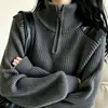 Suéter feminino de gola alta com zíper parcial estilo preguiçoso, top de tricô de manga curta para inverno, moda feminina 2026 moderna e jovem