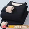 Conjunto de roupa íntima térmica masculina de inverno com forro de fleece espessado, gola redonda, casaco de algodão extra grosso para pais de meia-idade, top e calça de aquecimento rápido para o outono