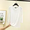 Camiseta Básica de Modal con Cuello Redondo y Manga Tres Cuartos para Mujer Otoño Elástica Sencilla Versátil Moda Pulóver Top