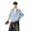 Camisa listrada azul de manga longa, estilo duas peças, para homens, outono, estilo americano, polo relaxado, moletom sem capuz, corte clean