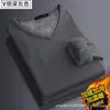 Camiseta de manga larga con forro polar para hombre, camiseta básica de algodón con cuello en V para hombre, ropa interior térmica de negocios, top liso de color sólido para otoño e invierno sin cuello alto