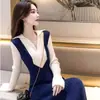 Vestido de Tricô Elegante Estilo Coreano para Senhora, Luxo Leve de Alta Qualidade, Contraste Azul Lago e Branco, Estilo de Hong Kong, Gola Polo