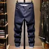 Jeans masculino azul escuro de marca de alta qualidade e moderno, corte slim, perna reta, novo clássico versátil de primavera, calça stretch para homens