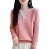 Suéter de punto de lana pura estilo coreano, cuello en V, bloques de color, falso dos piezas, para mujer, top rosa elegante ajustado, camisa base cálida, moderno