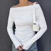 Moda Feminina Nova Outono 2025 Camiseta de Manga Longa Irregular Desejo Puro Slim Fit Elegante Sexy Ombro a Ombro