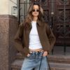 Casaco de Lã Marrom Maillard Vintage Feminino Outono e Inverno Jaqueta Feminina Solta Gola Reversível Casaco Grosso Roupa Feminina Europeia e Americana