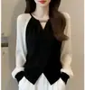 Camisa de manga larga estilo Chanel para primavera y otoño, adelgazante, elegante, versátil, ropa para mujer de talla grande, disimula la barriga, top con bloques de color blanco y negro