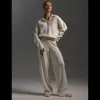 Terno de malha transfronteiriço europeu e americano outono e inverno terno de camisola gola polo pulôver de malha calças de perna larga conjunto de duas peças