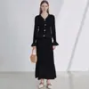 Nuevo Vestido de Punto Socialité Estilo Francés con Cuello en V y Mangas Largas, Vestido Largo Bodycon Ajustado Estilo Francés Europeo y Americano Transfronterizo para Mujer