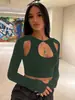 Camiseta Top Curta de Rua Europeia e Americana Aliexpress Primavera e Verão Quente Nova Cor Pura Gola Redonda Manga Longa Recortada Expondo o Umbigo