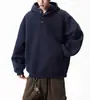 Sudadera con Capucha y Botones Pesada Azul Oscuro para Hombre, Marca Trendy Americana, Ajuste Holgado Primavera/Otoño, Sudadera Deportiva Casual Versátil