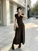 Nuevo Vestido de Punto de Manga Corta para Mujer Otoño Temprano 2026, Cuello en V Francés, Dobladillo Ancho, Elegante y Versátil, Vestido Largo Suave