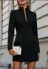 Vestido Terno Europeu e Americano Transfronteiriço 2026 Gola Alta Feminino Manga Longa Botão Único Bolso Falso Slim Fit