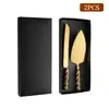 Mango de cerámica roscado cuchillo de acero inoxidable, espátula, tenedor, cuchillo y tenedor para pastel de boda y cumpleaños juego de cuatro piezas, cortador de repostería, espátula para pizza