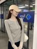 Camiseta de Manga Larga con Rayas en Contraste en el Hombro Derecho Estilo Coreano para Mujer en Primavera y Otoño, Top Ajustado para Usar por Dentro o por Fuera