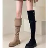 Botas de Cavaleiro de Cano Alto com Solado Grosso para Usar de Duas Maneiras, Botas Slim Acima do Joelho para Mulheres, Novidade Outono e Inverno 2024, Botas Cáqui com Fivela de Cinto