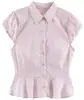 Camisa de manga curta com gola babado e design que afina a cintura, camisa curta listrada com barra babada, top de manga curta slim fit para o trabalho