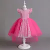 Vestido Formal Infantil com Frente Curta e Cauda Longa Atrás, Vestido de Daminha de Honra para Casamento, Vestido de Princesa para Desfile, Vestido Bordado com Mangas Volumosas
