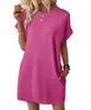 Bolsillo de Producto Nuevo Transfronterizo Verano 2026 Sitio Independiente para Mujer Amazon Vestido de Manga Corta de Color Sólido Holgado Europeo y Americano Cuello Redondo
