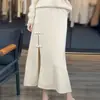 Estilo Nuevo Otoño e Invierno Falda de Punto Elegante Estilo Chino de Lana para Mujer con Botones, Falda Retro de Longitud Media con Abertura