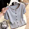 Cardigan de Tricô com Design Elegante Estilo Coreano 2026 Novo Estilo de Verão Camiseta Moda Manga Curta Fina para Mulheres