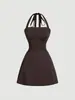 Vestido Feminino Liso Plissado com Amarração nas Costas Sem Alças Moda Casual Sem Mangas Linha A Curto Rosa