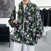 Camisa Retro Estilo Hong Kong de Manga Larga con Salpicaduras de Tinta Azul Oscuro, Nuevo Estilo de Otoño para Hombres Modernos, Holgada y de Moda, Versátil