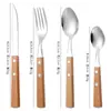 Juego de cuchillo, tenedor y cuchara de acero inoxidable 304 al por mayor, cuatro piezas, vajilla occidental de estilo japonés, juego de cuchillo, tenedor y cuchara para carne con mango de madera de pera