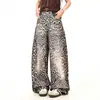 Comercio Exterior Transfronterizo Bigotes de Gato Americanos Estampado de Leopardo Scimitar Jeans para Hombres y Mujeres Retro de Cintura Alta Sueltos Versátiles Casuales Pantalones de Pierna Ancha