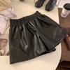 Calças curtas de perna larga de couro PU de cor retrô Maillard, saia feminina, outono e inverno, uso externo, solto, casual, tudo combinando, botas em linha A, calças