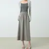 Saia de terno feminina de verão 2026 novo estilo, saia midi casual de cintura alta de perna larga com design de guarda-chuva em A com drapeado