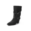 Botas robustas, de pierna ancha, estilo Western con hebilla de cinturón de cuero sintético tipo gamuza, 2026, tacones altos gruesos, punta fina, botas de cuero genuino hasta la pantorrilla para mujer