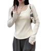 Camisa Cálida de Capa Interior para Mujer en Otoño e Invierno, Estilo Sexy de Puro Deseo, Top con Dobladillo Curvo Adelgazante, Camiseta de Manga Larga