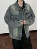 Chaqueta de mezclilla azul tachonada estilo retro americano para hombre, chaqueta casual de otoño lavada y desgastada con solapa gruesa, abrigo de mezclilla