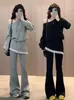 Conjunto de encaje con retazos de moda otoñal para mujer, con un elegante cuello asimétrico, top de hombros descubiertos y pantalones largos acampanados, conjunto de dos piezas para ventas transfronterizas