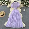 Vestido Redondo de Manga Abullonada con Perlas y Diamantes de Uso Rudo Francés para Mujer Verano 2025 Cintura ceñida Elegante Falda Larga Plisada