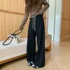2026 Inverno Minnie Listras Finas Passeio Matinal Cintura Elástica Cordão Forro de Fleece Espessado Calças Casuais Femininas Calças de Moletom Calças de Perna Reta