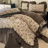 Conjunto de cuatro piezas de algodón lavado de lino estilo princesa retro francés para otoño e invierno, nueva funda de edredón de encaje, sábana, sábana bajera, ropa de cama