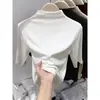 Camiseta Negra Estilo Coreano de Cuello Medio y Manga Media para Mujer Primavera Verano Otoño Elástica Ajustada Manga de Cinco Puntos Capa Base Top Interior