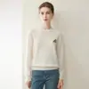 Suéter de cachemira pura, nueva moda de otoño e invierno, cuello redondo holgado, tejido bordado, suéter cálido, blanco limpio