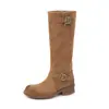 Estilo preguiçoso fivela de cinto botas empilhadas toda superfície de camurça de vaca inverno 2026 salto médio grosso bico redondo couro genuíno botas de cano médio feminina 41