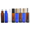 Botella de bola de 10 ml, botella de aceite de vidrio, bola de acero inoxidable, botella de aceite marrón azul, botella de pared gruesa, fondo grueso, punto
