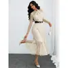 Comércio Exterior Roupas Femininas Amazon Transfronteiriço 2026 Novo Elegante e Estiloso Vestido Longo de Manga Longa com Bolinhas Slim Fit Gola Redonda com Laço