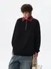 Moletom com gola de lapela color block, estilo two-piece falso, para homens, outono e inverno, emenda americana, com meio zíper, manga longa, estilo POLO, moderno