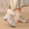 Novas Botas Curtas Elegantes de Pelo de Coelho Outono e Inverno 2023 com Renda e Pérolas Bordadas Botas Femininas Sapatos e Botas Estampados Cheongsam Hanfu
