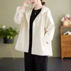 Foto real de jaqueta com capuz nova para mulheres, top feminino para início de outono, algodão patchwork casual retrô cáqui solto, vestuário feminino