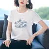 Camiseta de Tricô Floral com Bordado Pesado para Mulheres, Novo Estilo de Verão, Solta e Estilosa, Blusa Fina de Manga Curta para Mãe de Meia-Idade