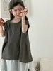Conjunto de Tres Piezas para Niñas de Verano Estilo Coreano, Nuevo Estilo Bosque, Top sin Mangas, Pantalones Anchos Casuales Elegantes y Modernos