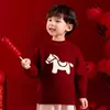 Roupa de Ano Novo do Cavalo para Meninos e Meninas, Suéter com Estampa de Pônei Vermelho, Estilo Ideal para Outono e Inverno, Macio e Não Irritante.