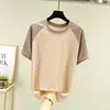Nova camiseta de seda gelada de verão com drapeado, manga curta, feminina, estilo coreano, solta, modeladora, cor contrastante, raglan, peça externa, top base fresco